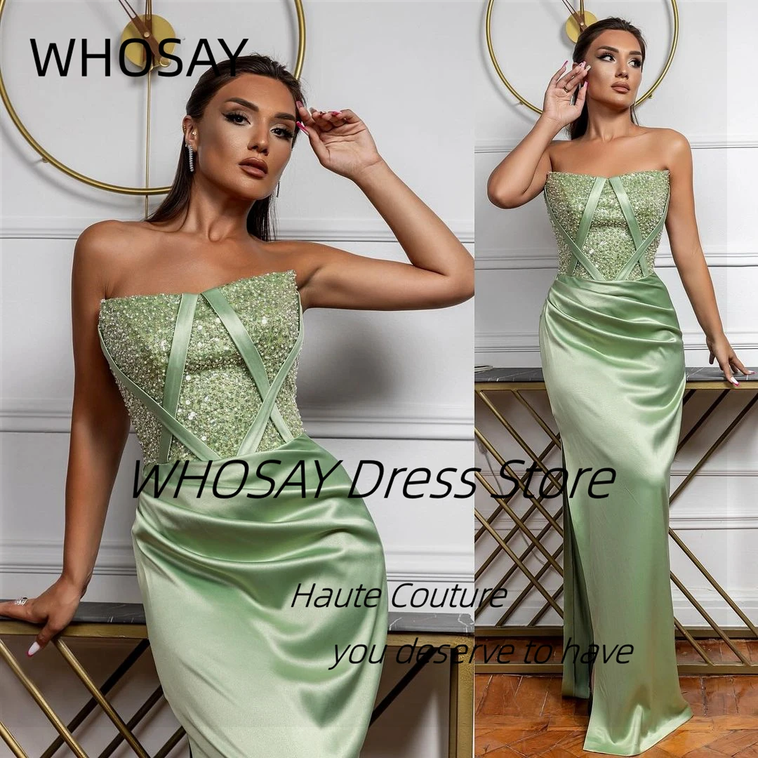 WHOSAY Handmade Beaded Sequins Top Evening Dresses Strapless Side Slit Long Prom Dress Sexy Back Robe Des Cocktail Party Gowns