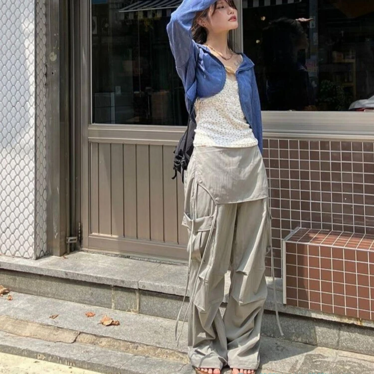 KUSAHIKI Autumn Niche Street Cool Retro Safari Style Pocket Design Elastic Waist Versatile Casual Cargo Pants