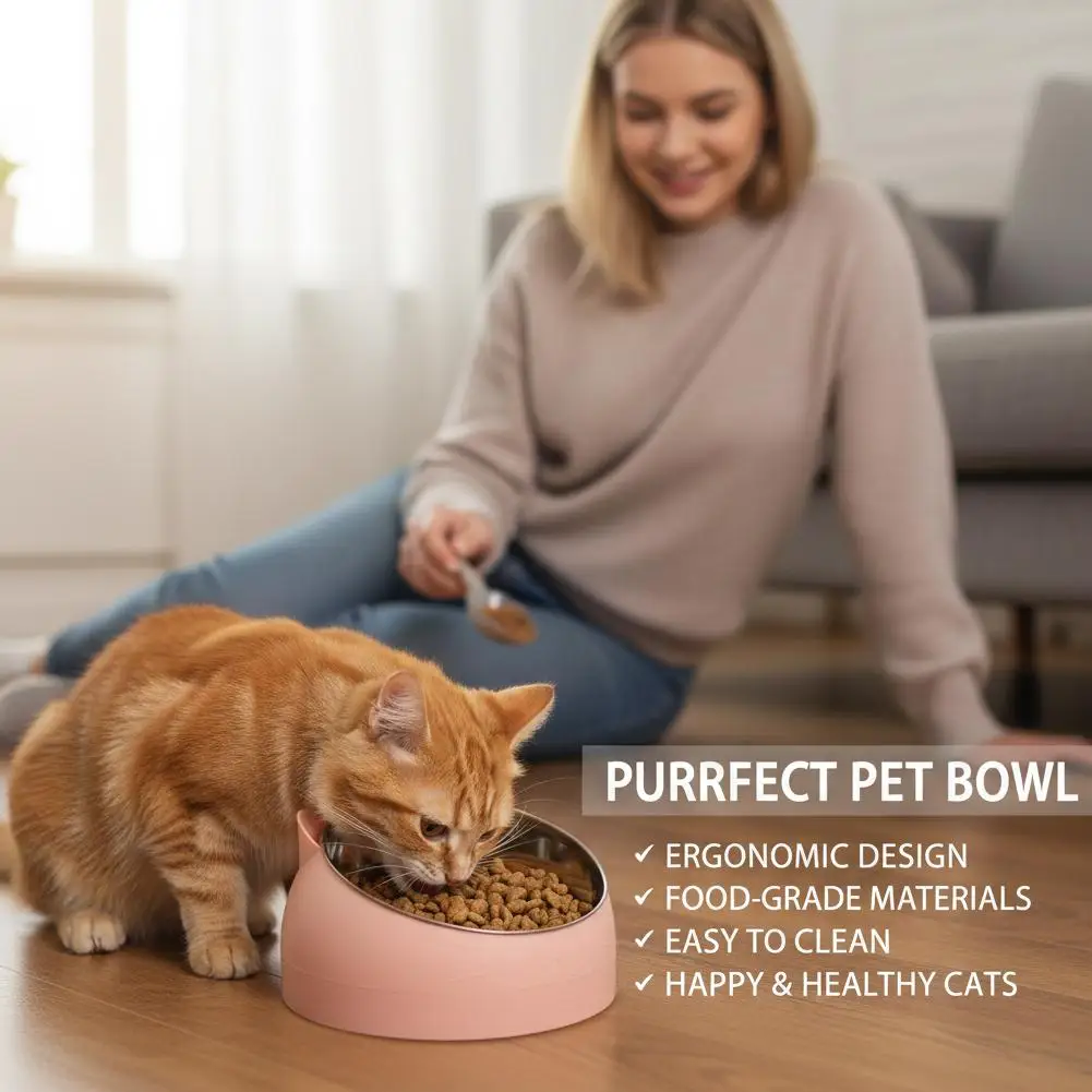 Elevated Cat Bowl with Stainless Steel Insert, Pet Food Bowl for Cervical Protection, Slanted Anti-Slip Dog Feeding Bowl