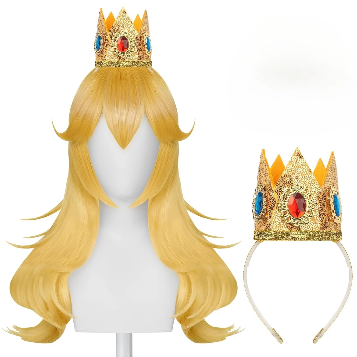 Blonde Wavy Princess Wig Golden Long Wavy Wigs Peach Cosplay Wig Anime Synthetic Hair for Costume Party wig and 1 Crown