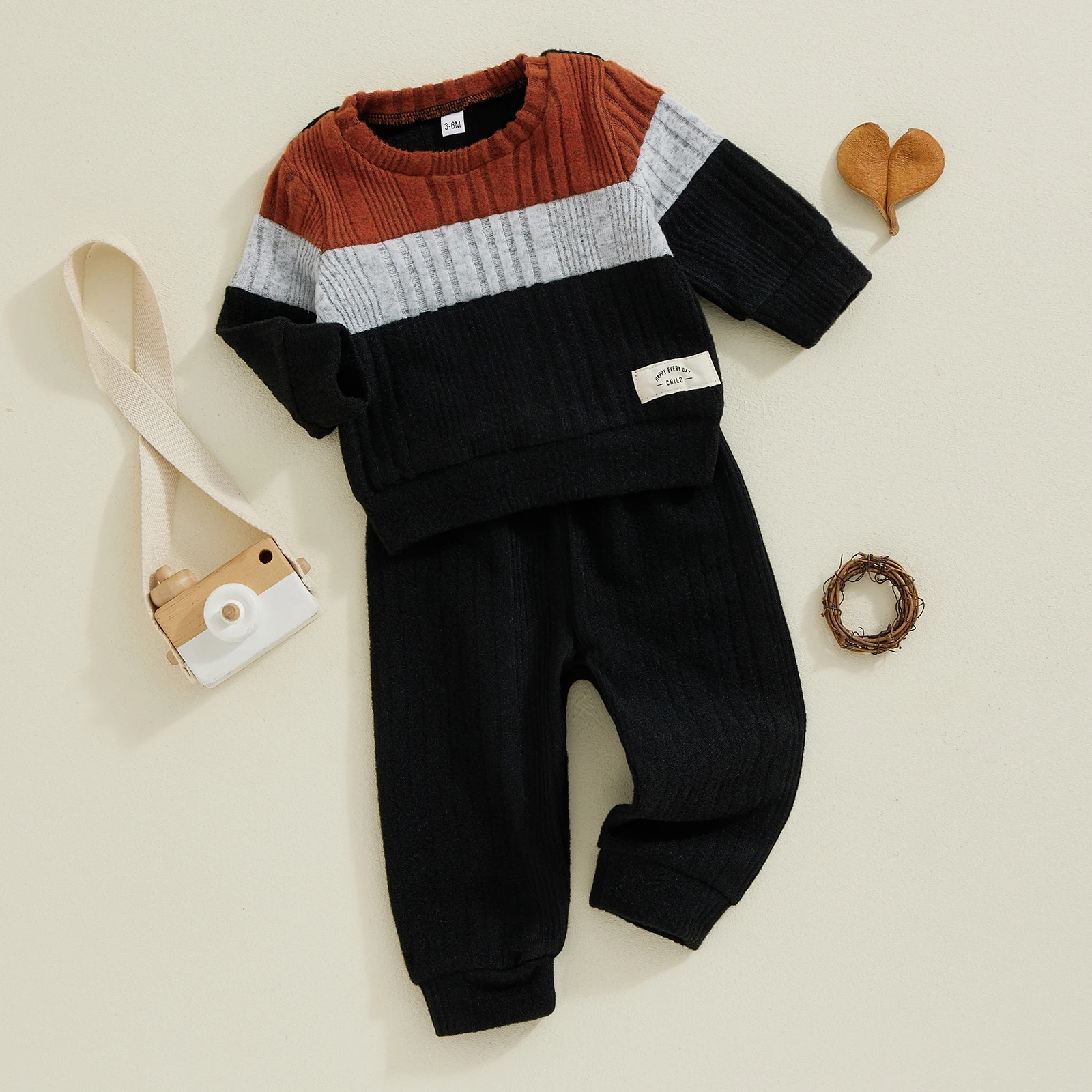 Children Baby Boy 2Pcs Sweater Pant Winter Fall Long Sleeve Contrast Color Pulloves Sweatpants Set Toddler Warm Clothing