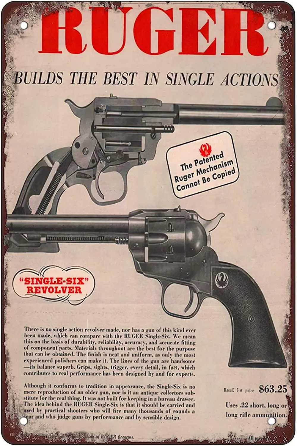 STOOKI Metal Tin Sign,1958 Ruger Single-SixWall Decor Fun Decoration for Home Kitchen Vintage Retro Plaque Posters