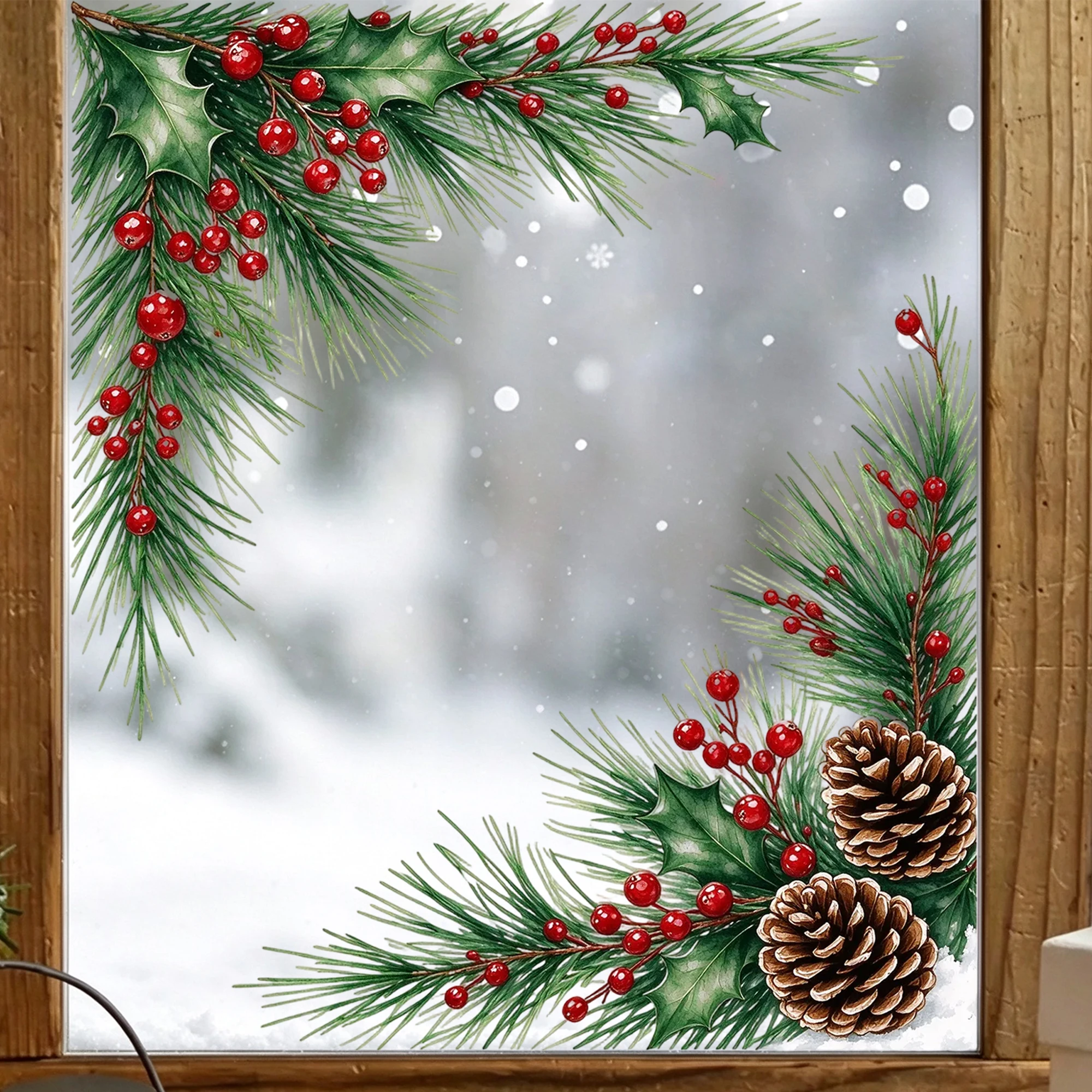 Christmas Pine Branch Window Stickers Holly Berry Pinecones Corners Static Cling Watercolor Reusable Removable Winter Holiday
