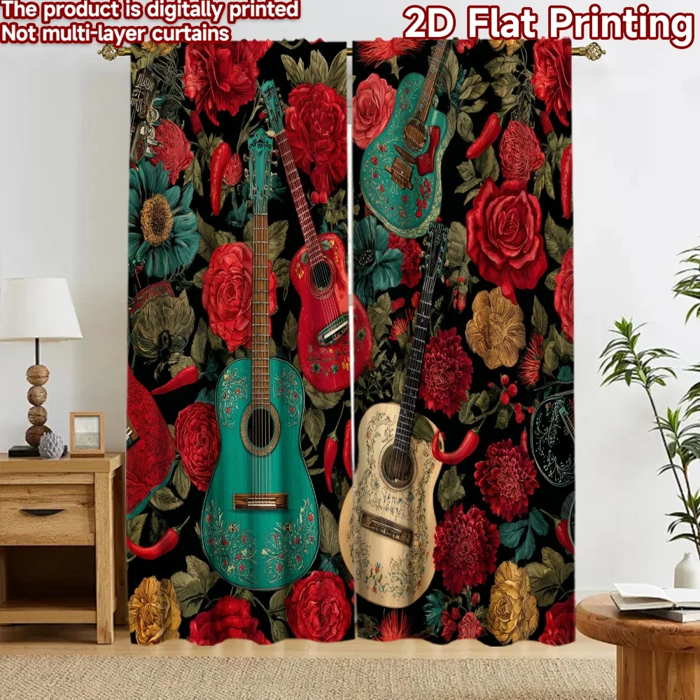 2D flat 2pcs Curtain Home Short Curtains Floral Guitars and Roses Digitally printed polyester Party & Holiday Decor for All
