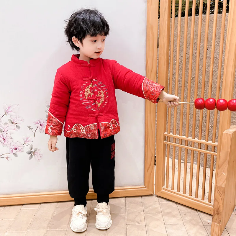 Tang Suit Children's Clothing Winter Baby Thickened Plush Warm Ancient Chinese Style Boy Hanfu Long Sleeved Trousers Suit