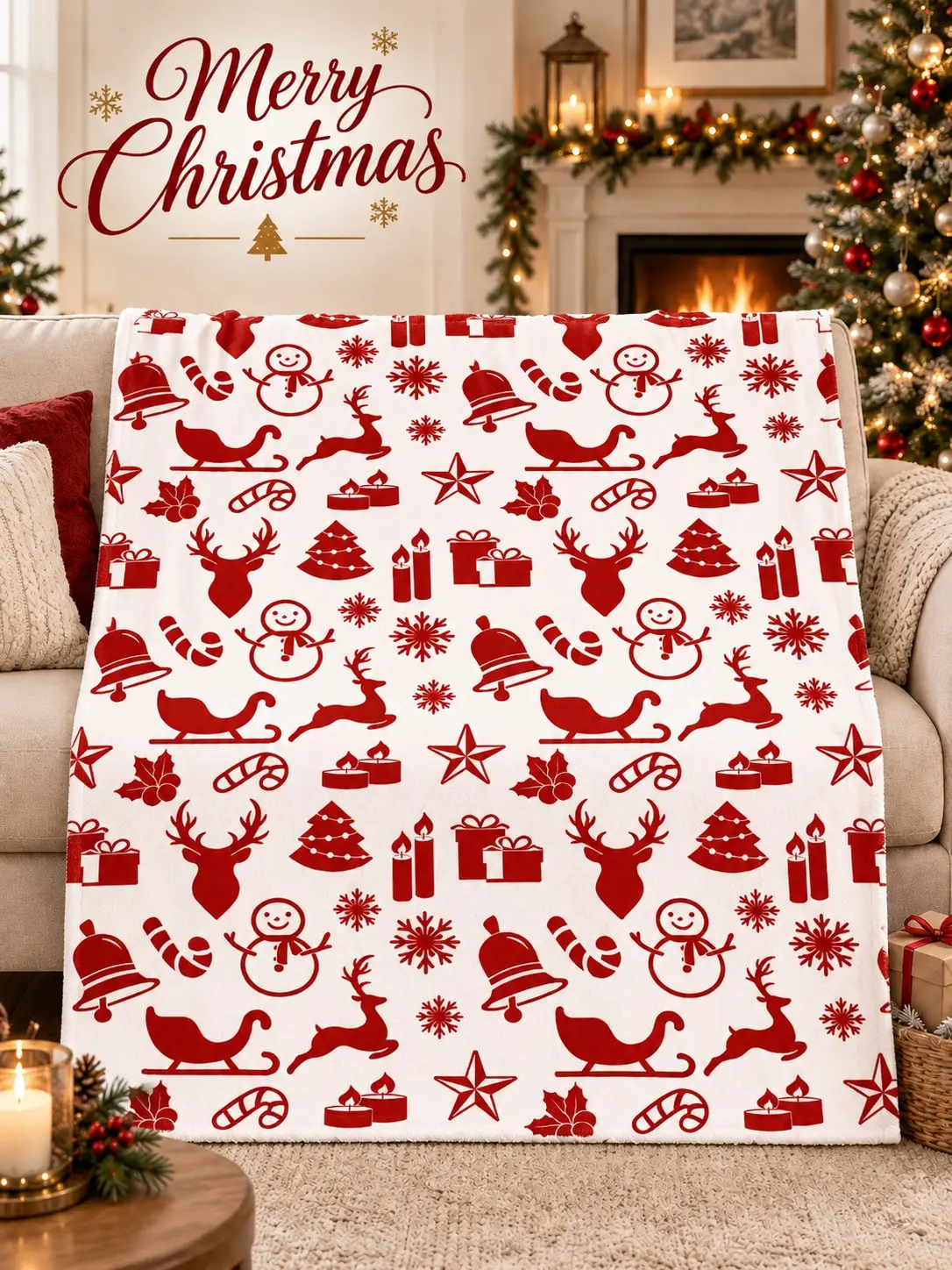 Christmas Flannel Blankets & Throws Reindeer Sleigh Bell Snowman Icons Sofa Bed Couch Nap Home Decor Living Room Bedroom Guestroom Dorm Travel Camping Reading Office Lounge Picnic Family Friends Gift Housewarming Birthday Anniversary Holiday Season
