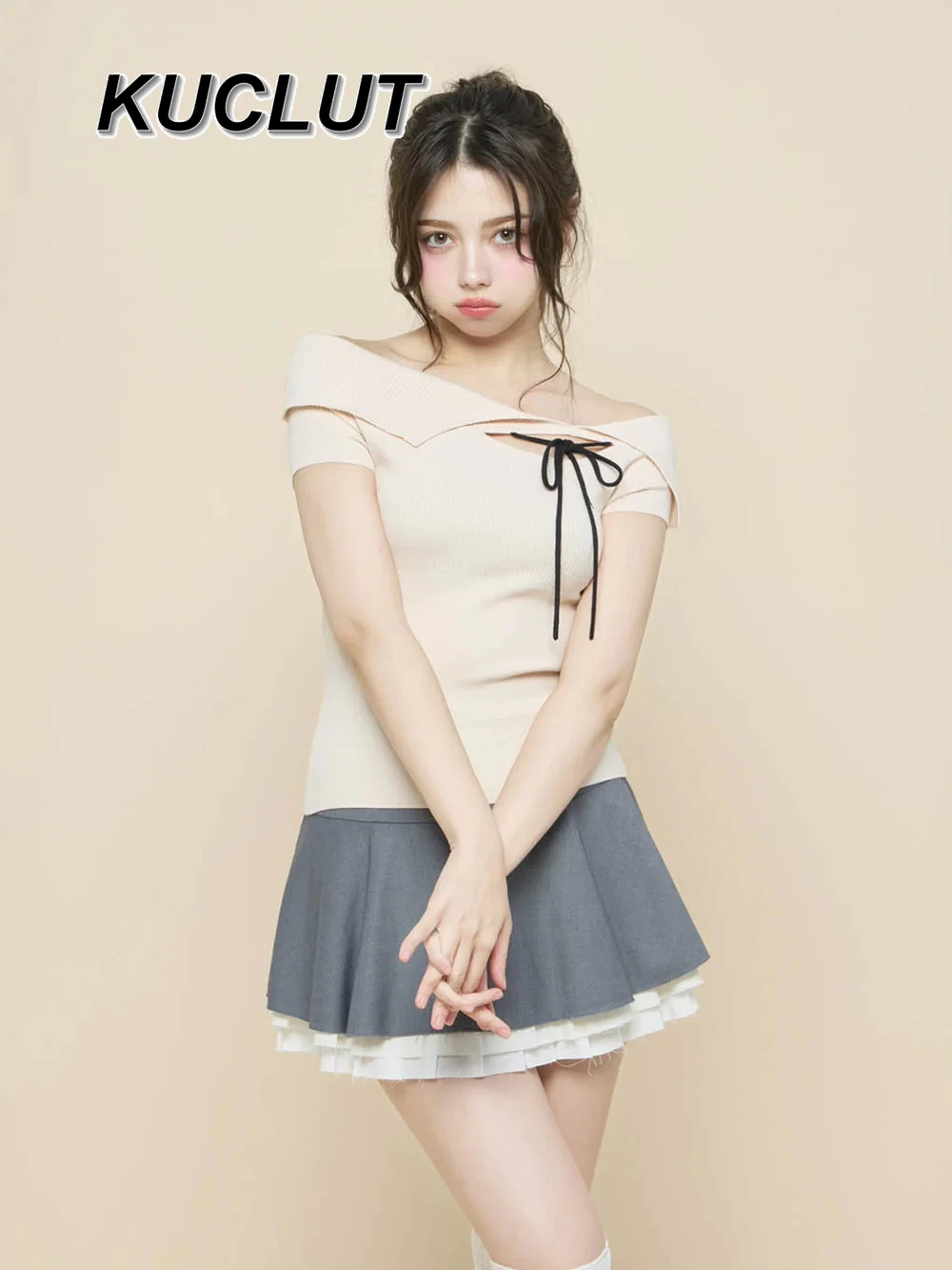 Japanese Style Lady Casual Tee New Off The Shoulder Tshirt Femme Knitted Short Top 2025 Summer Women‘s T-shirts Fashion