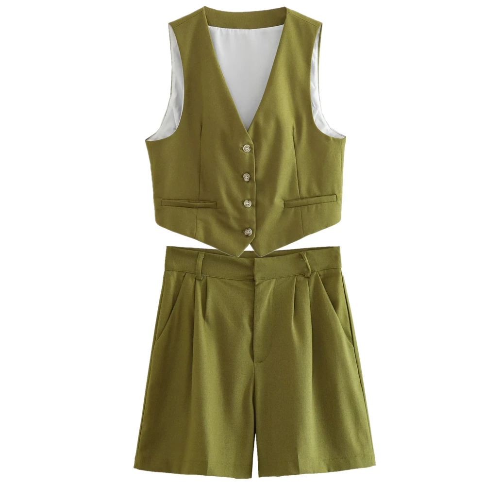 

Dave&Di French Country Style Green Color Retro Single Vest Top High Breasted Waist Loose Bermuda Shorts Casual Suit