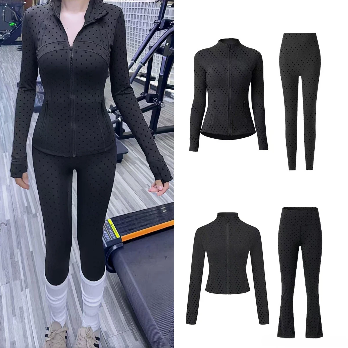 Lemon Polka Dot Stand Collar Jacket Women Slim Fit Long Sleeve  Top Yoga Workout Pilates Gym jacket tight pants set 2-piece set