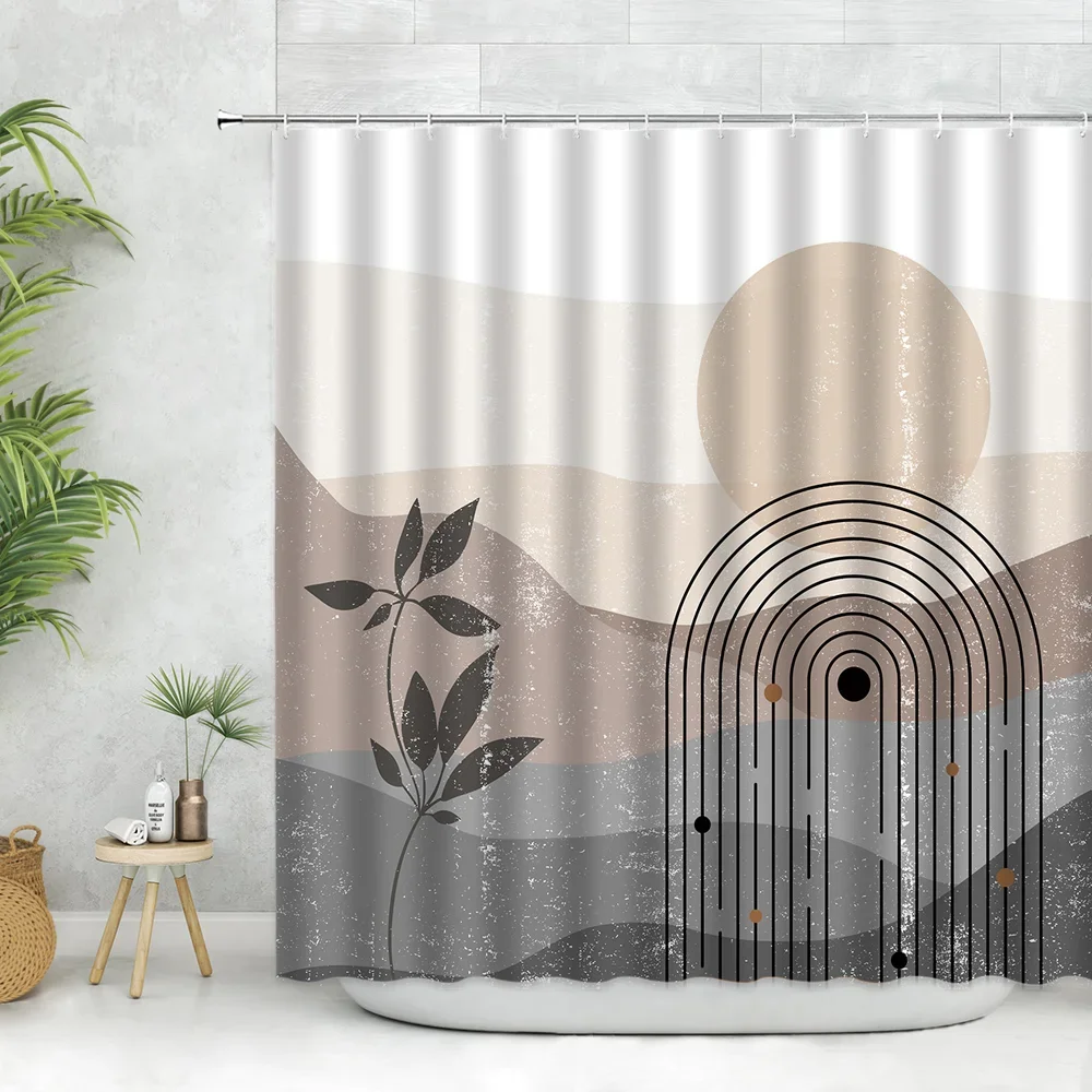 Abstract Neutral Leaves Simple Bathroom Shower Curtain Mid Century Sun Minimalist Modern Polyester Fabric Decor Bathroom Curtain