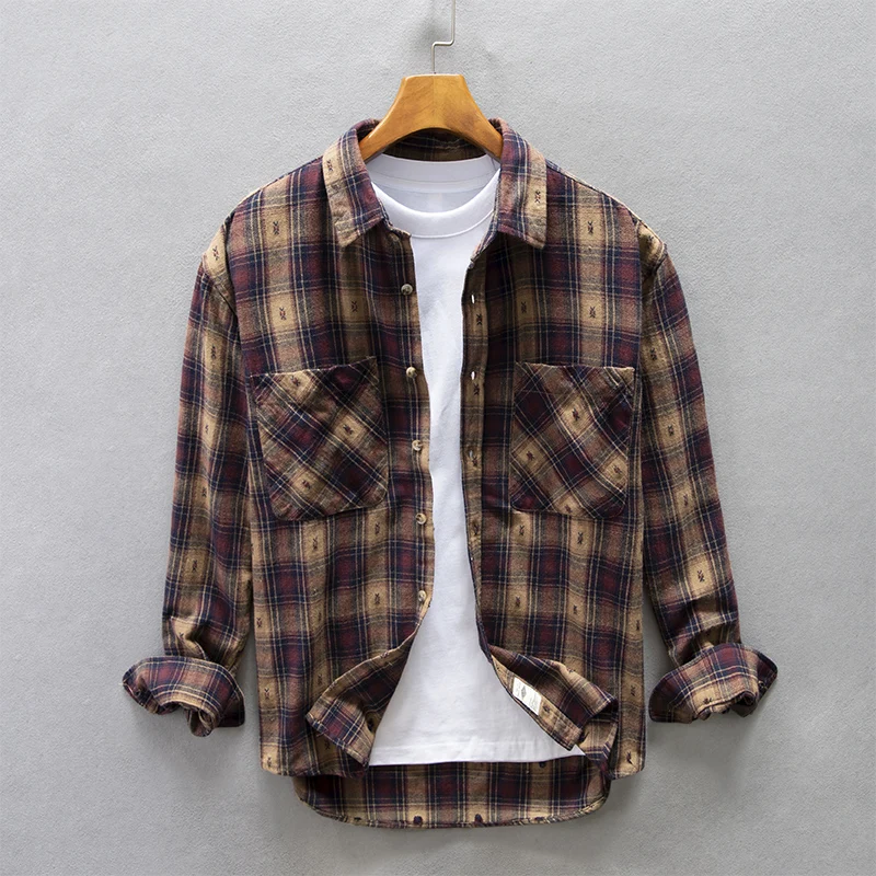 Vintage Plaid Shirt for Men Autumn New Cotton Turn-down Collar Shirts Pocket Decoration Long Sleeve Loose Clothes