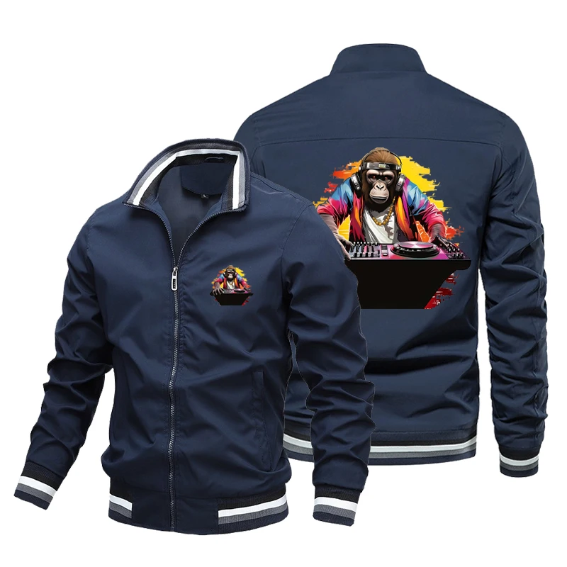 

Fall Men's Standing Collar College Basketball Jacket Coat Orangutan dj Printed Jacket Coat Men's Biker Jacket Aviator Jacket