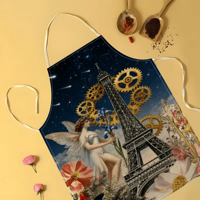 Vintage Eiffel Tower Fairy Apron Steampunk Gears Floral Kitchen Cooking Baking Chef Artistic Gift For Women Linen Bib Apron