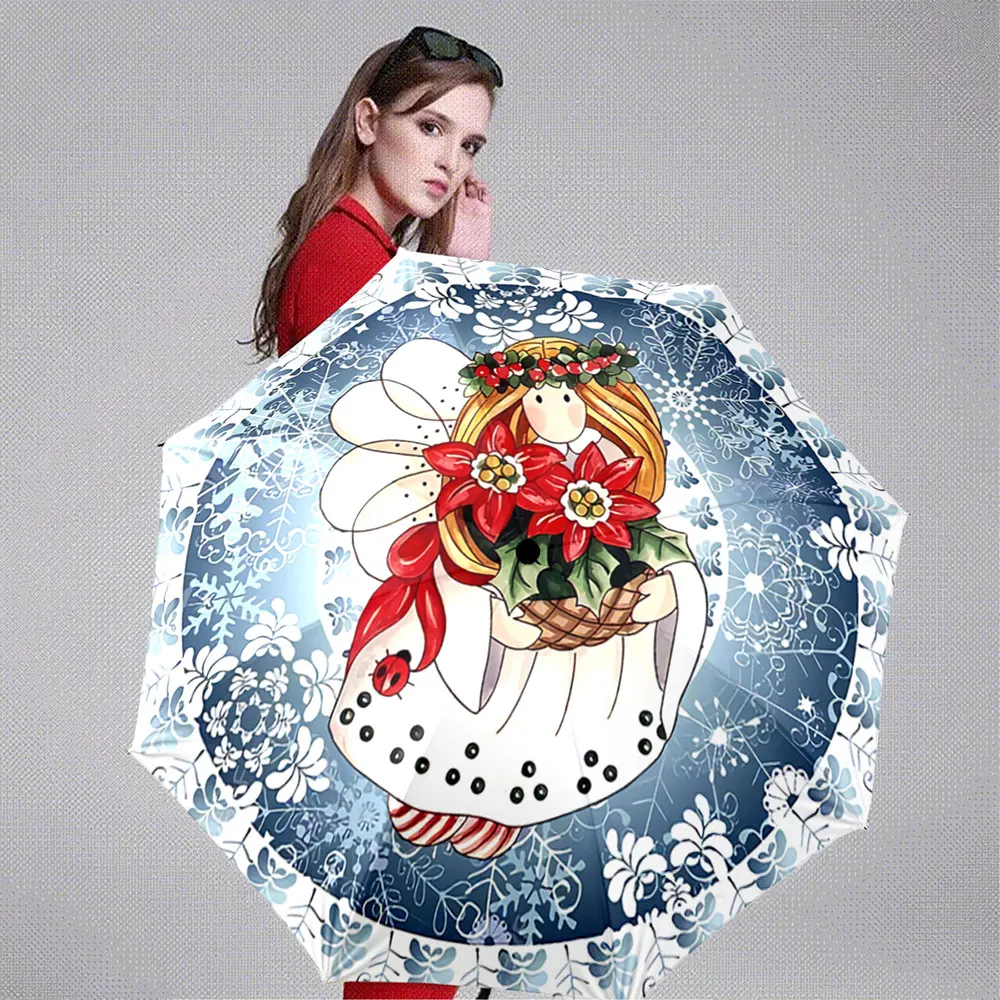 Christmas Angel with Flowers and Snowflake Pattern Umbrella Design ,Portable Folding Umbrella, Gift for Family Friends