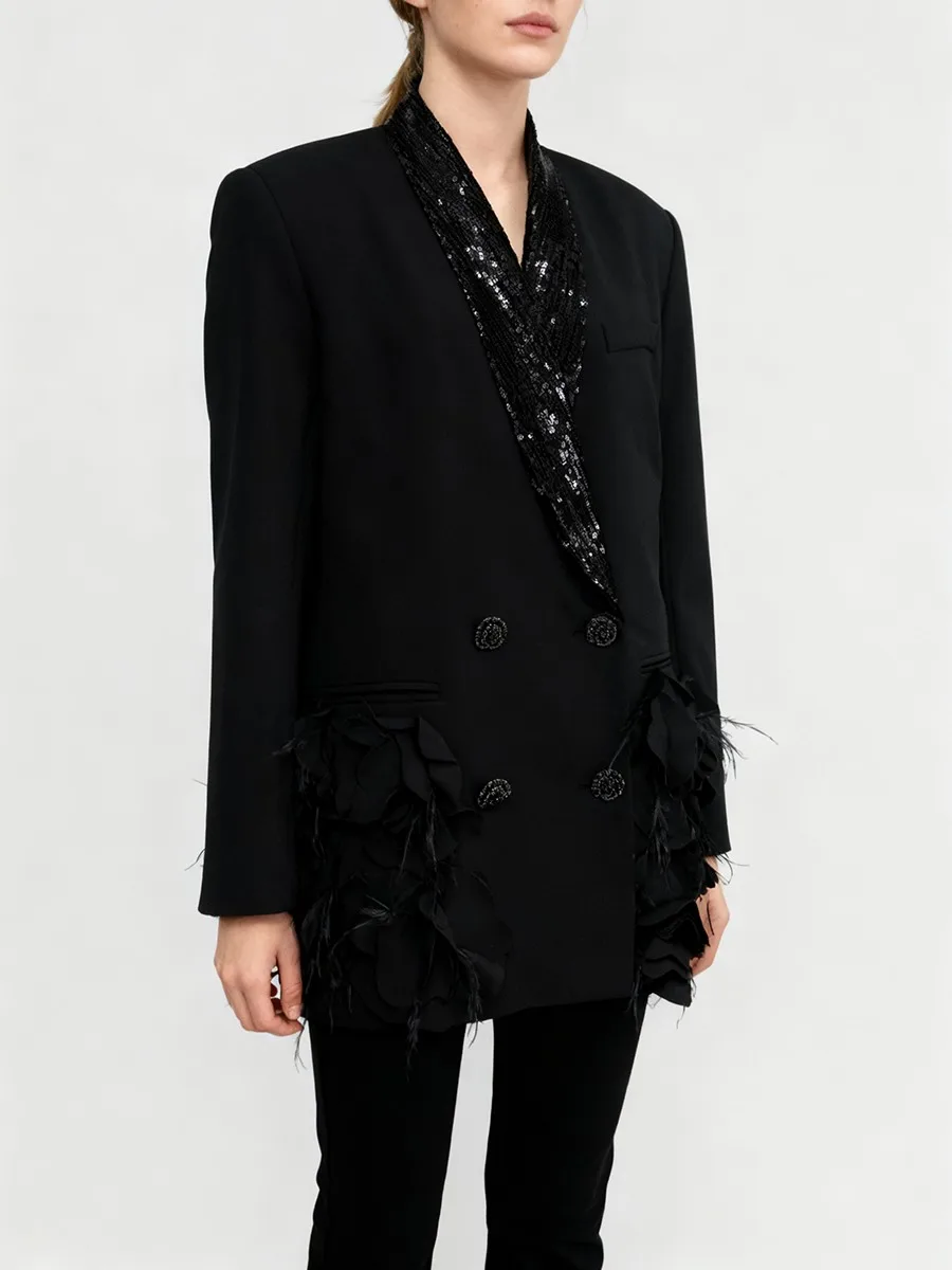 TWOTWINSTYLE الصلبة فضفاضة تقسم ثلاثية الأبعاد زهرة أنيقة بليزرات للنساء التلبيب طويلة الأكمام المرقعة الترتر سترة الموضة الإناث