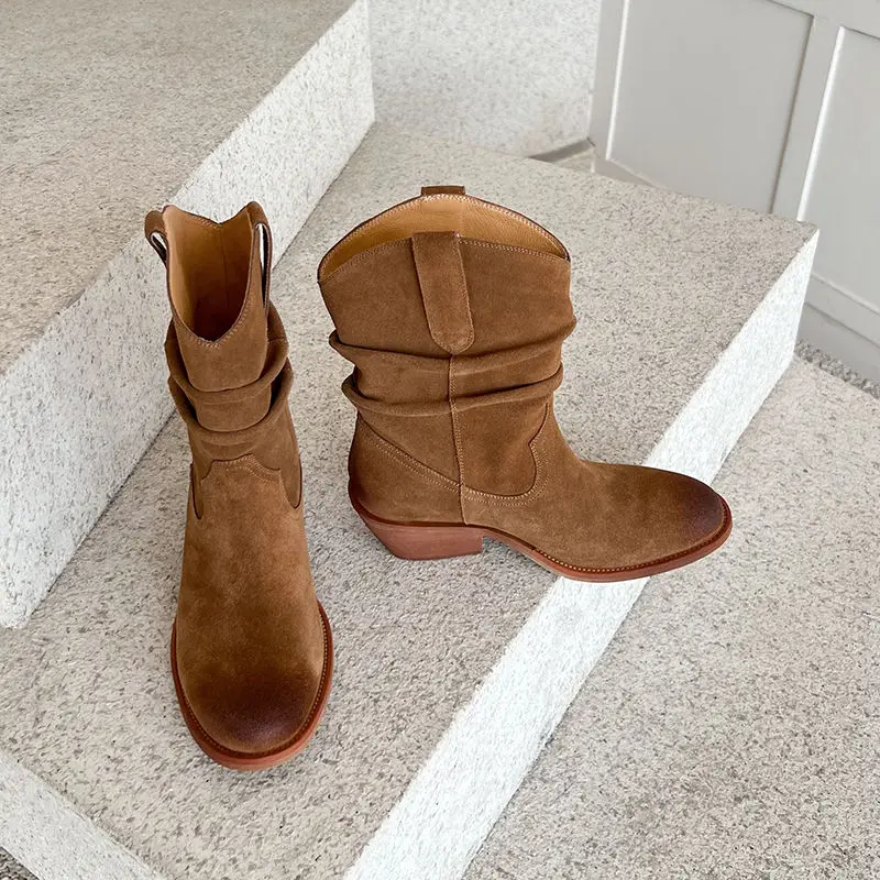 Western Boots Women Cow Suede Fashion Skin Lining Round Toe Ladies Street Sewing Boot Khaki Brown 5cm Block Heeled Ankle Boots image 2