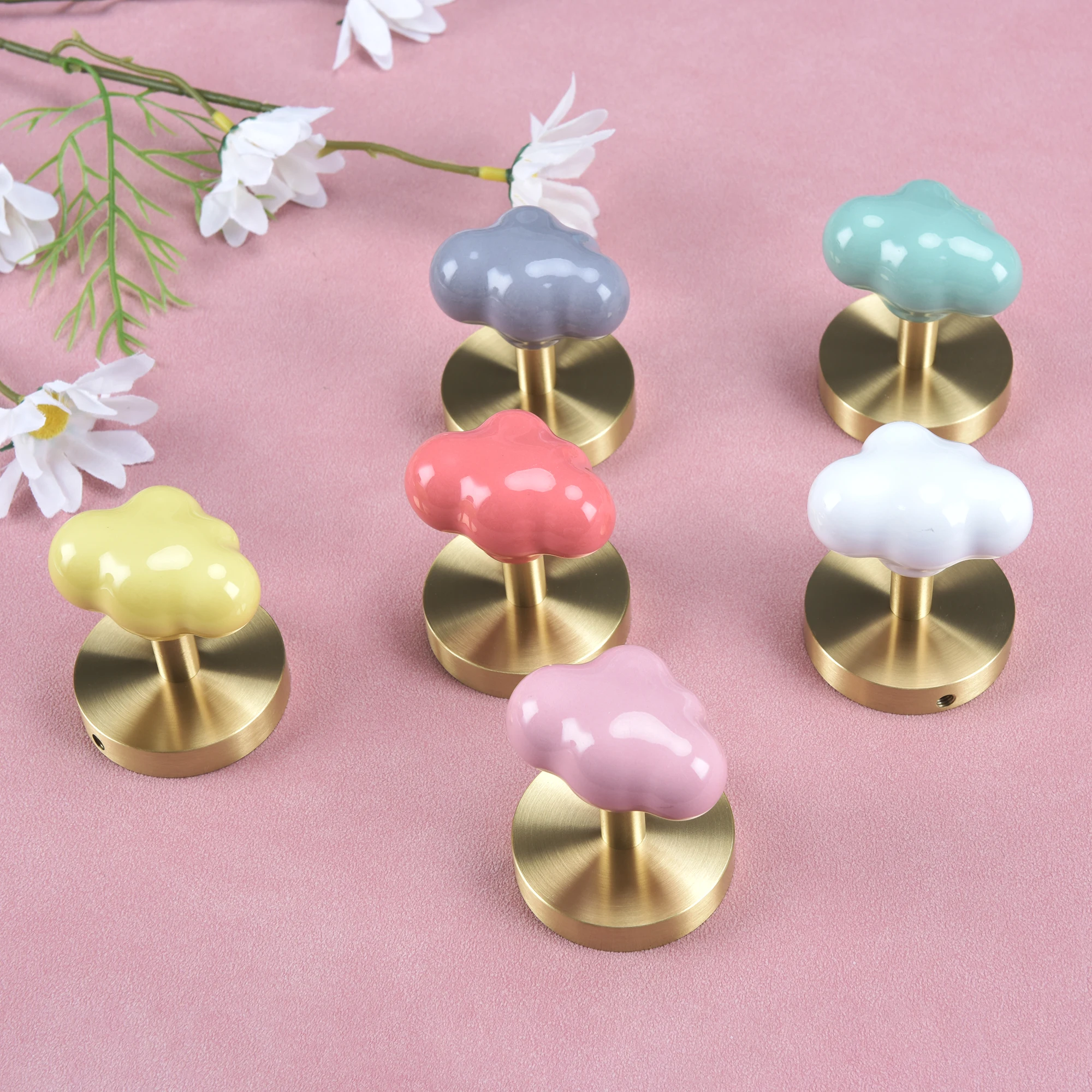 

Multi Color Ceramic Cloud Hooks with Brass Base Wall Mounted (Drilled) for Coats Bags Umbrellas and Keys Bathroom Towel Racks