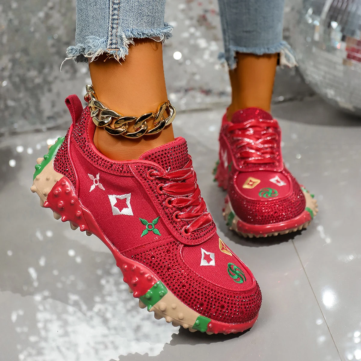 

Brand Classical Outdoor Sneakers Embroidery Luxury Crystal Designer Shoes Rubber Nail Anti Slip Running Shoes Comfortable Shoes