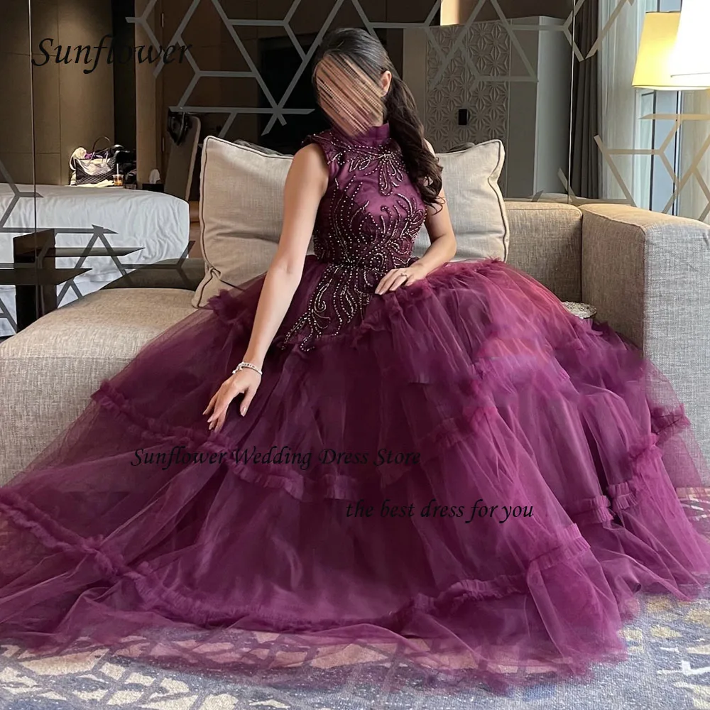 Sunflower High Neck Formal Evening Dress 2023 Slim Appliques Tiered Tulle A-LINE Floor-Length High-end Custom Party Gowns