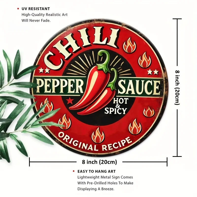 [Estilo picante] Decoración de la habitación 1 pieza de letrero de pared de metal con salsa de pimiento, placa de estaño grabada de papel de aluminio de 20,32x20,32 cm con pre-taladro