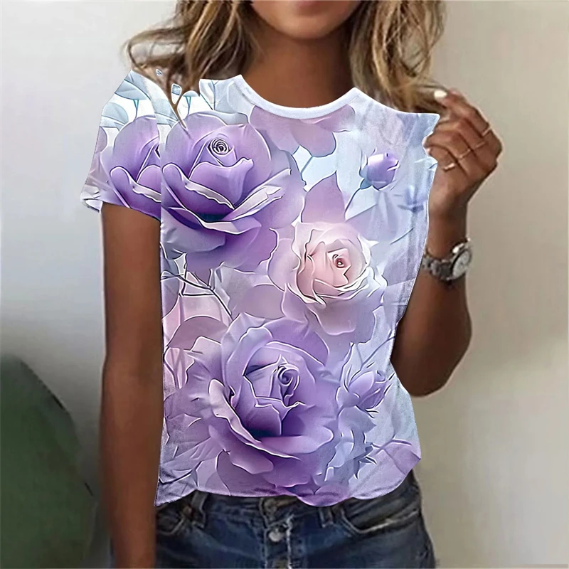 

2025 3D Printed Purple Flower Graphic T Shirt For Women Kids Elegant Short Sleeves Summer Street O-Neck Tees Tops Loose T-Shirts