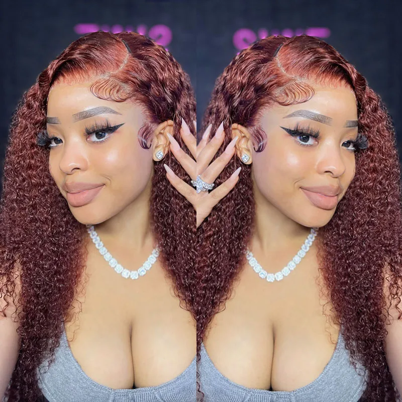 Reddish Brown Jerry Curly 13x4 Lace Front Wig Colored Human Hair Wigs Pre Plucked 250% Remy 13x6 HD Transparent Lace Frontal Wig