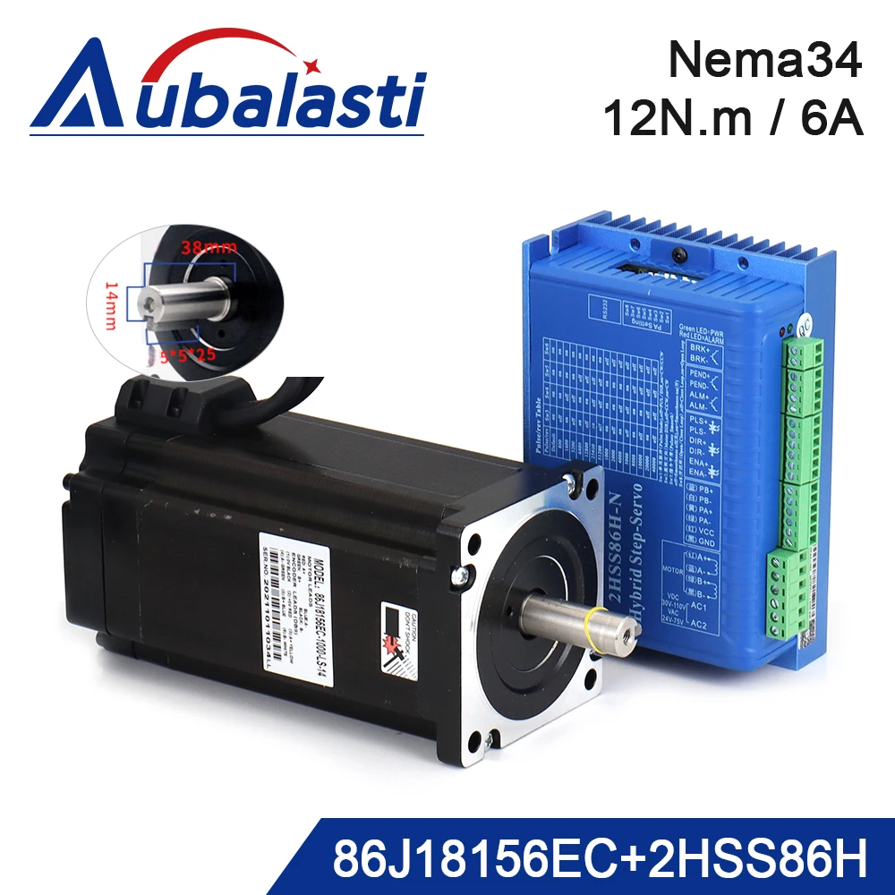 JMC Kits de Motor Servo Híbrido de Circuito Cerrado Nema34 de 2 Fases y 12N.m, 2000rpm, 6A, Diámetro de Eje 14mm, 86J18156EC+2HSS86H para CNC