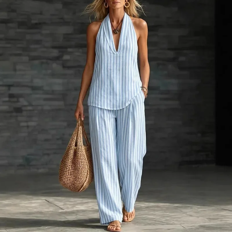 Women's Fashion Striped Printed Sleeveless Tops Sexy Halterneck Backless Trousers 2-piece Summer Wide-leg Trousers Female Suit