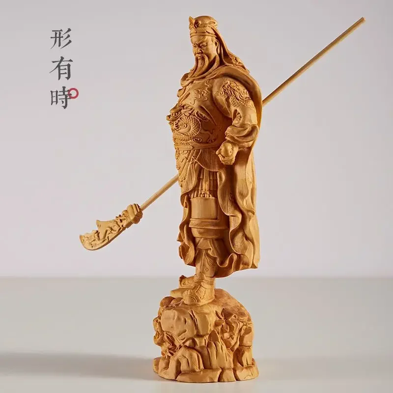 Boxwood ukiran Guan Gong pegangan bagian Yibo Yuntian Guan Yu patung Dekorasi kayu Solid diukir kekayaan dan keselamatan