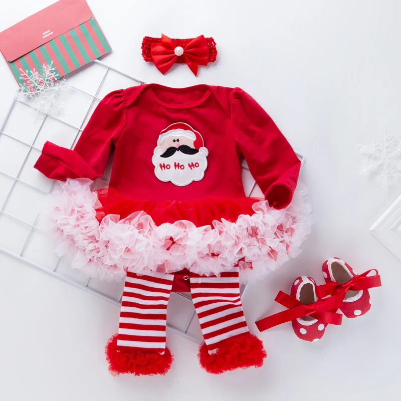 

Christmas Newborn Baby Kids Cartoon Romper Dresses Sets for Girls Clothing Princess Children's Red Mesh 4Pcs Outfits Suit