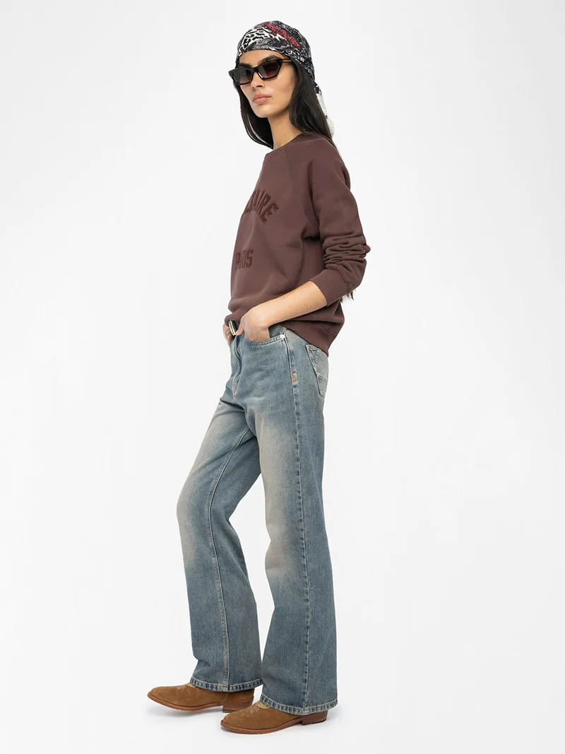 Parche bordado carta mujer cuello redondo suelto 2 colores sudadera otoño 2025 jerseys todo-fósforo