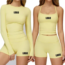 Custom LOGO women's tight-fitting grinding yoga set, quick-drying fitness clothes, running sports shorts, vest 2-piece set