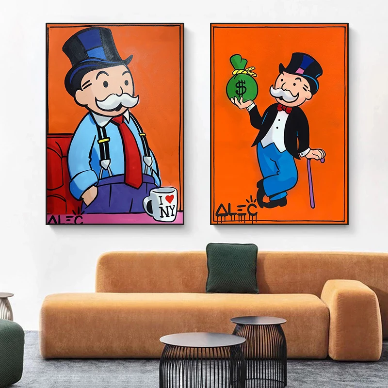 Orange Fashion Cartoon Wall Art Decoration Painting Alec Monopoly Rich Man with Dollars Money Bag Canvas Poster Print Home Decor