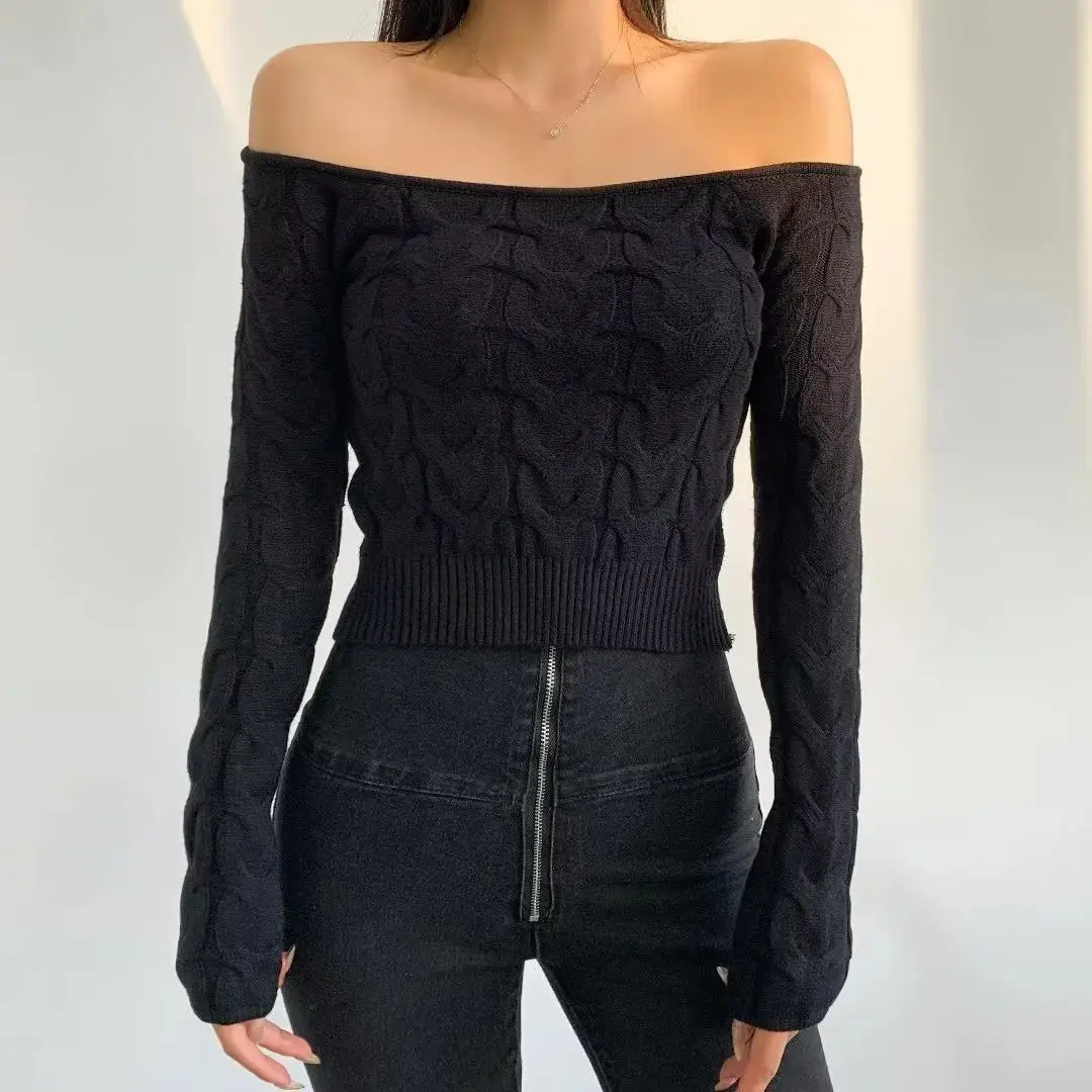 Sexy Off Shoulder Sweaters Women Long Sleeve Criss-cross Knitted Pullovers Solid Color