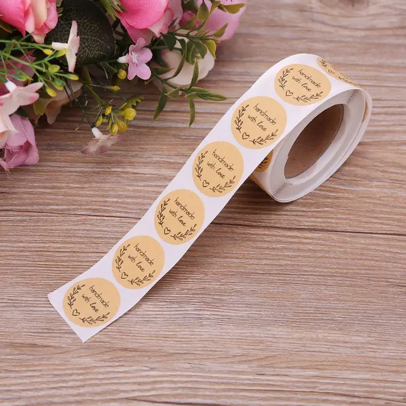 97BA 500pcs Natural Handmade With Love Kraft Paper Stickers Round Adhesive Labels