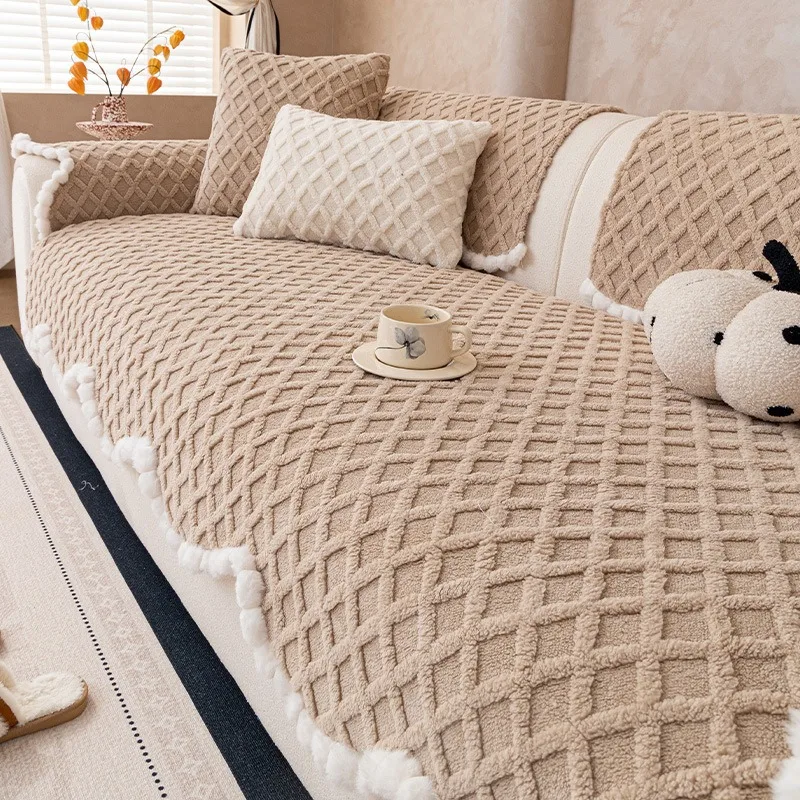 1 piece winter short plush non-slip sofa cushion thick soft sofa cloth anti-cat claw wear-resistant sofa dustproof cover