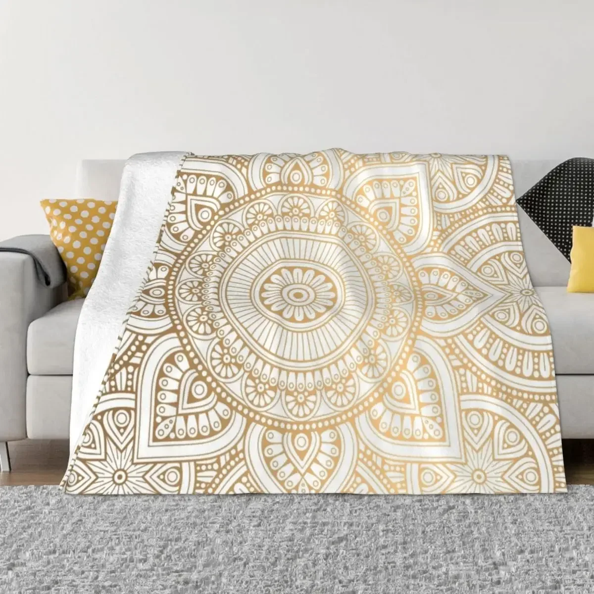 Gold Mandala Pattern Illustration With White Shimmer Throw Blanket Polar decorative Blankets