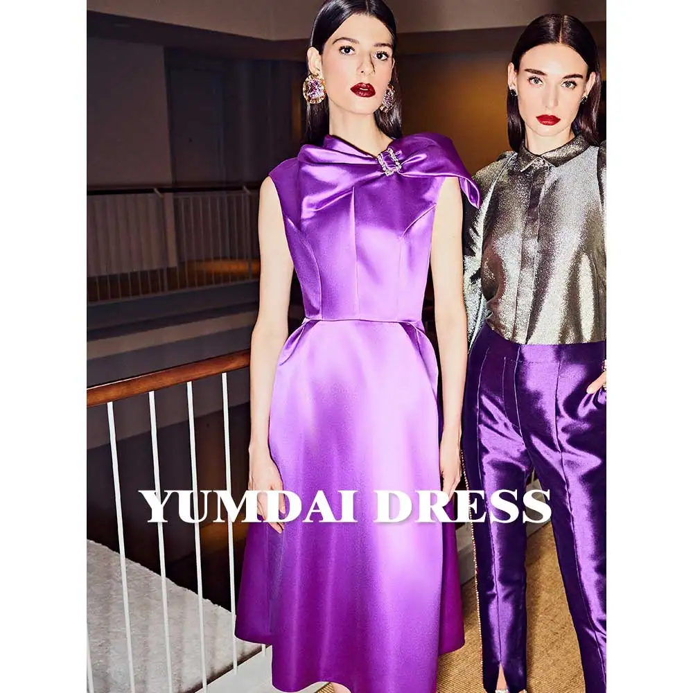 YUMDAI Gorgeous Dubai Sleeveless Bow Dress Purple Elegant Bride Mom Dress Autumn Special Event Dress Formal Occasion Midi Dress