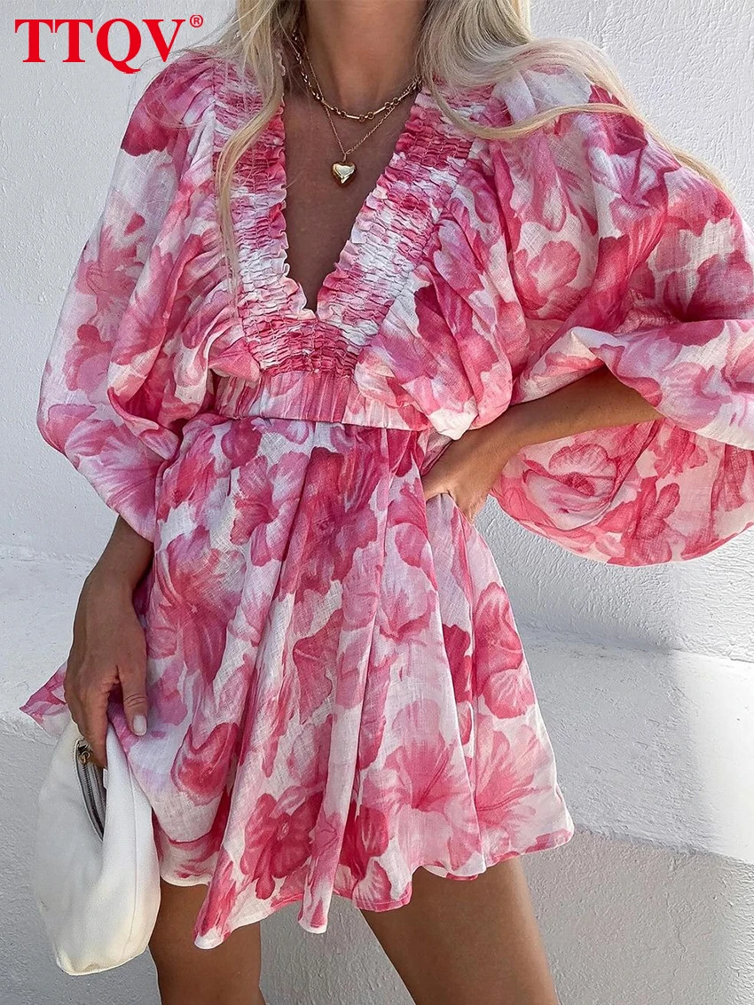 

TTQV Sexy Loose Print Women's Dress 2024 Casual V-Neck Puff Sleeve Mini Dresses Elegant Classic Pleated Female Sundresses