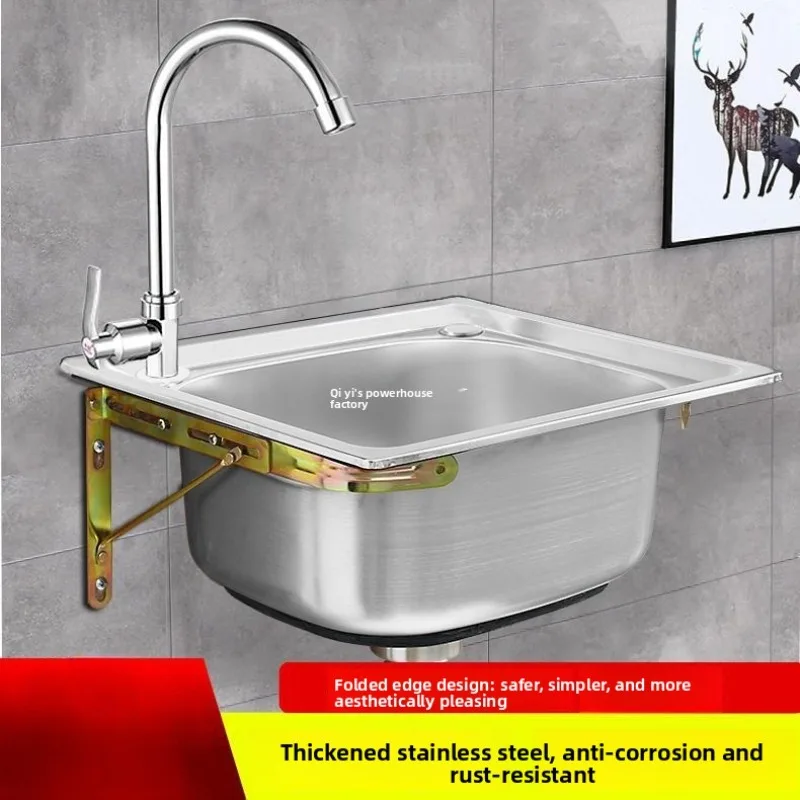 

Thick Single Bowl 304 Stainless Steel Wall Mounted Sink Kitchen Prep Dishwash Basin Balcony Hand Wash Basin Kitchen Sink