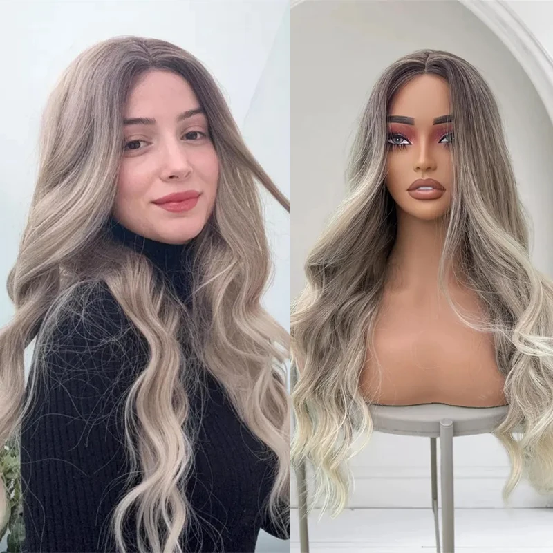 

Long Wavy Ash Blonde Ombre Lace Front Wig for Women Premium Heat-resistant Fibre Wig Synthetic Blend Human Hair Ready to Ship