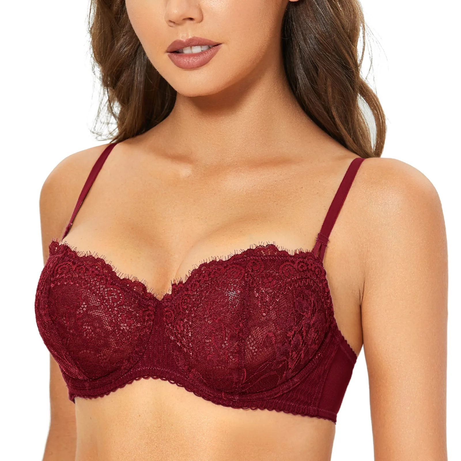 DOBREVA Women\'s Sexy Sheer Floral Lace Bra Push Up Plus Size Bralettes Balconette Underwire Unlined Demi Underwear