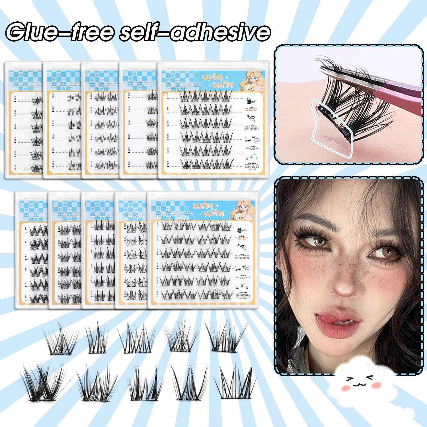 DIY 36 Cluster/Box Selbstklebende Wimpern, leicht, natürlich, dick, kleberfrei, obere Wimpern, einzelne Wimpernverlängerung, koreanisches Make-up