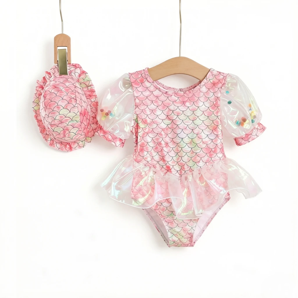 2Pcs Pink Mermaid Girls One-piece Swimsuit, soft breathable swimwear, stylish water play outfit for little girls, nice gift