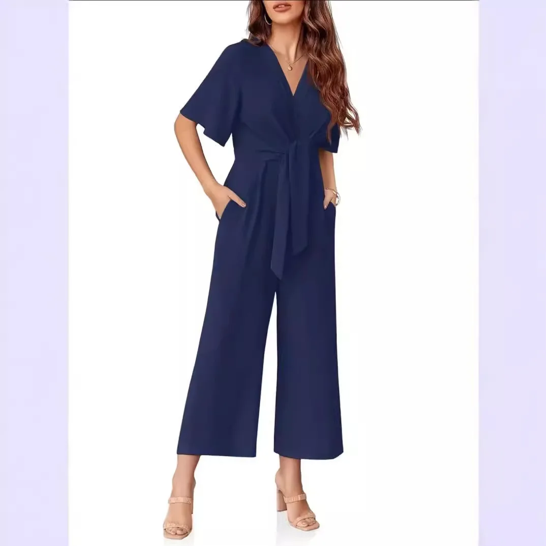 

Jumpsuits Women One Piece Wide Leg Pants Straight Trousers Stretch V Neck Short Sleeves Lace Up Office Lady Jumpsuit Summer 2025