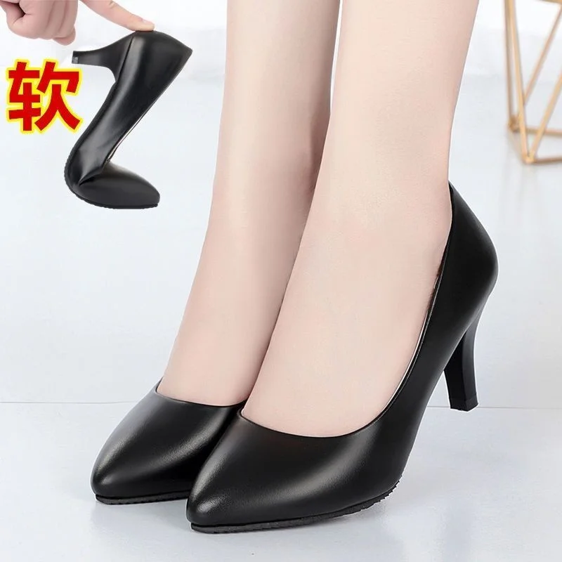 Women Soft Leather High Heels 2023 Summer New Black Pointed Toe Mid Heel Ladies Shoes Chunky Heel Dress Office Work Women Pumps