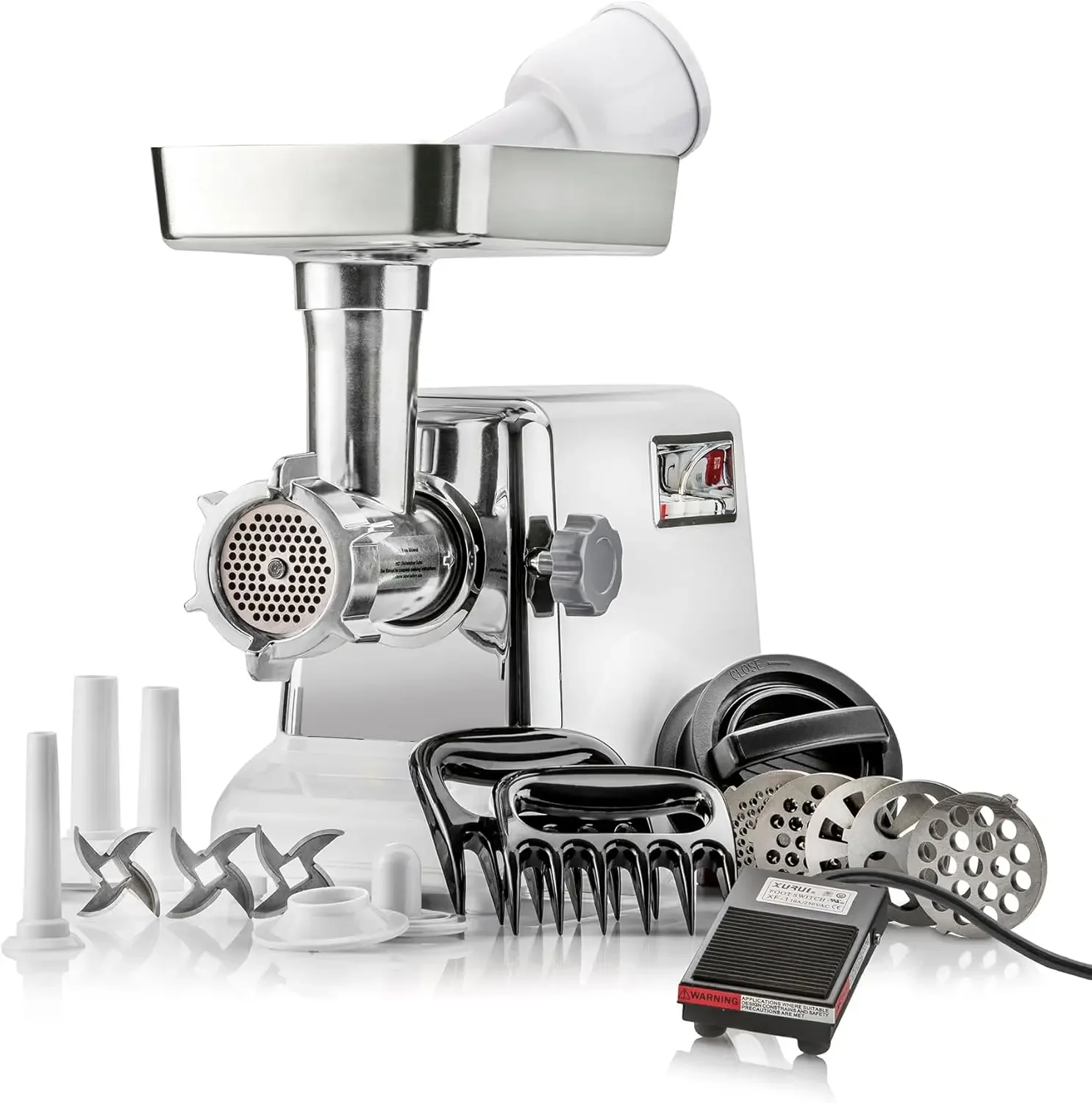 Series 6-In-1 Powerful Size #12 Electric Meat Grinder with Foot Pedal Sausage Stuffer  Kubbe Maker  Patty Press  2 Meat Cla