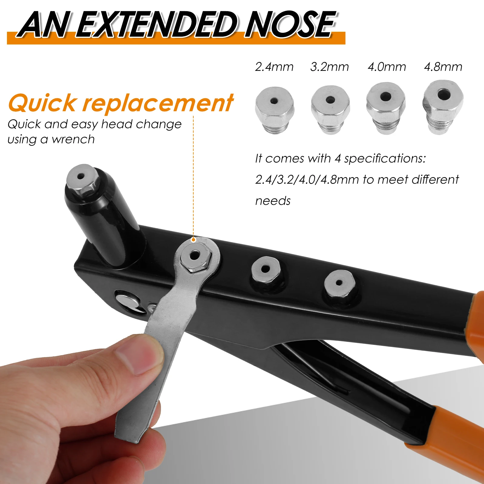 Hand Riveter Professional Metal Rivet Tool with 120 Rivets Manual Extended Head Rivetr Tool With 2.4/3.2/4.0/4.8mm Nozzles