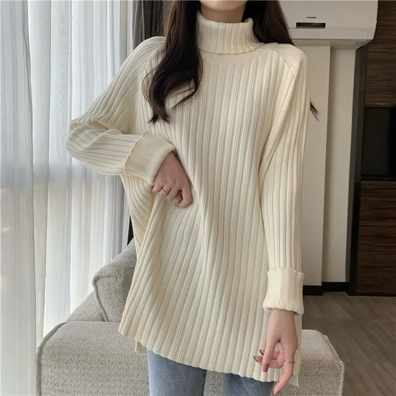 Women Vintage Simple Turtleneck Basic Knitted Sweaters Autumn Winter Trendy Solid Long Sleeve Loose Pullover Tops Casual Jumpers