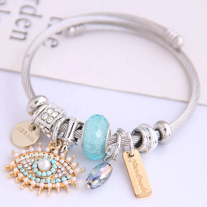 Fashion Stainless Steel Bracelet Wire Lucky Evil Eye Enamel Crystals Bead Bracelet Jewelry Women Gifts Cuff Open Jewelry